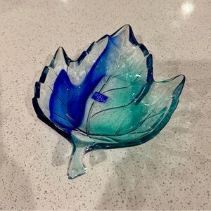 Blue and Green Glass Leaf Art Candy Dish by Studio Nova